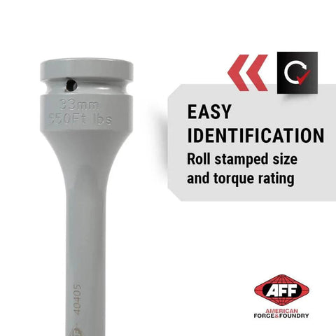 Torque Limiting Extension Socket 1" Drive -33 mm 1 5/6" 550 ft/lbs - Gray - 40405 with size and torque rating