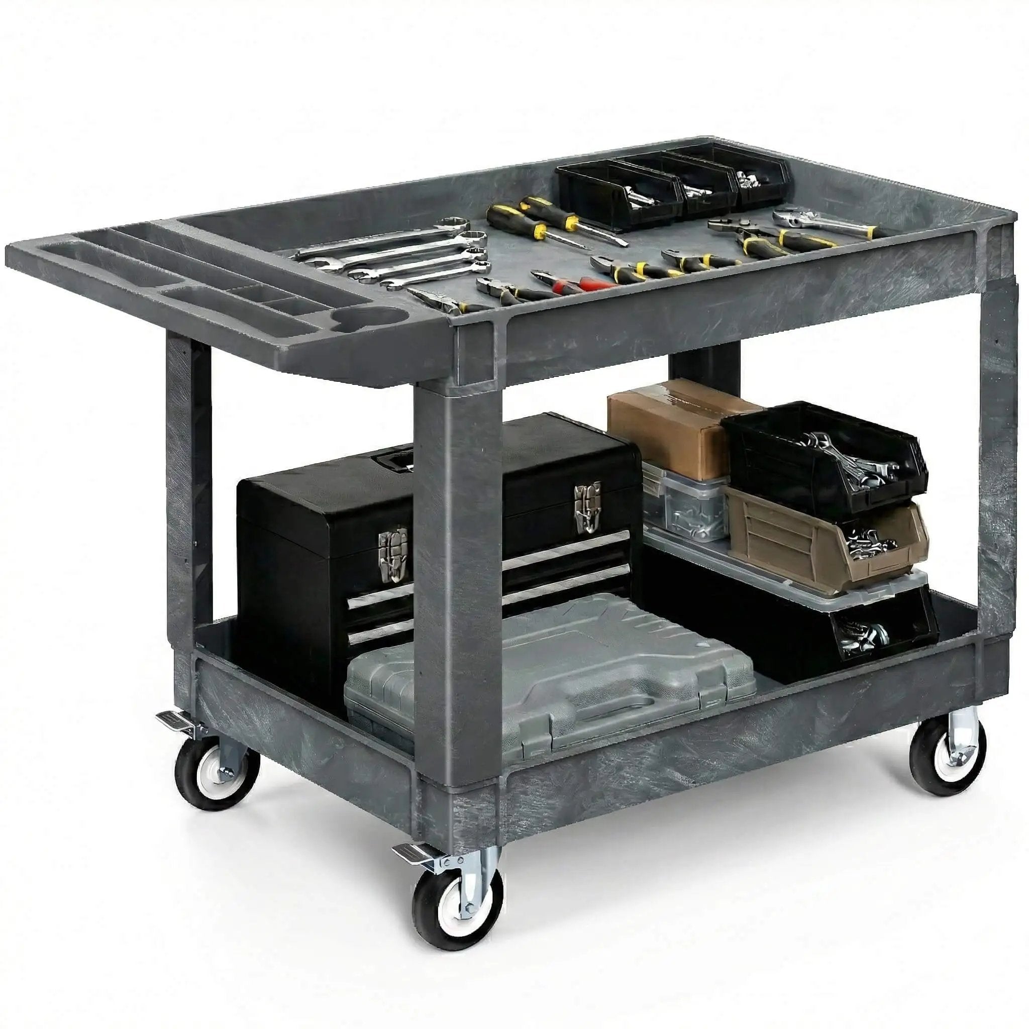 Heavy Duty 2 Tier Plastic Utility Cart With Deep Shelv...