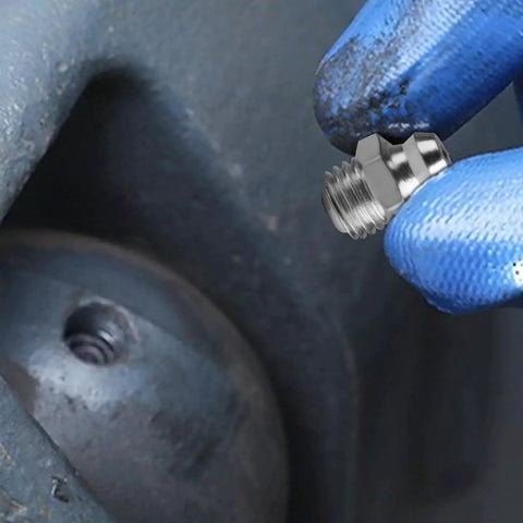 Close-up of 70 Pcs Metric Grease Fittings Assortment Kit featuring M6 M8 M10 zerk fittings used in automotive machinery.