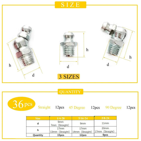 Versatile Pro Grade Grease Fitting Assortment For Industrial And Agricultural Machinery One Quarter To Three Eighths Inch 36 Pieces Includes Straight 45 Degree And 90 Degree Zerk Fittings Galvanized Steel And Grease Gun Tips Locking Caps Yoliko with size chart and fitting details.