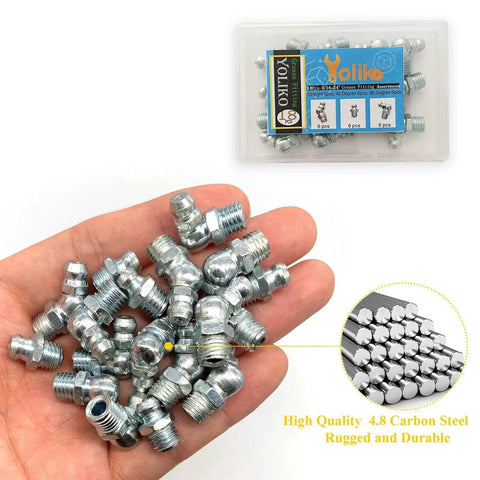 Heavy Duty Grease Fitting Assortment Kit With Eighteen Five Sixteenths By Twenty Four UNF Zerk Fittings in hand, Yoliko package in view