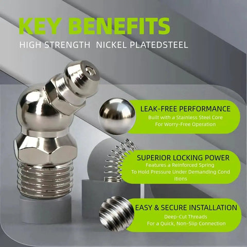 Pro Grade 27 Pcs SAE And Metric Grease Fittings Assortment Kit with nickel-plated iron showing key benefits and features.