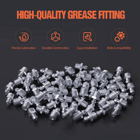 One Eighth Inch Twenty Seven Zerk Grease Fittings Kit With Wrench For Quick Installation displayed on a black background