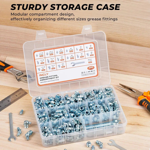 250 Pcs SAE And Metric Grease Fittings Assortment With Wrench Kit in storage case on wooden surface