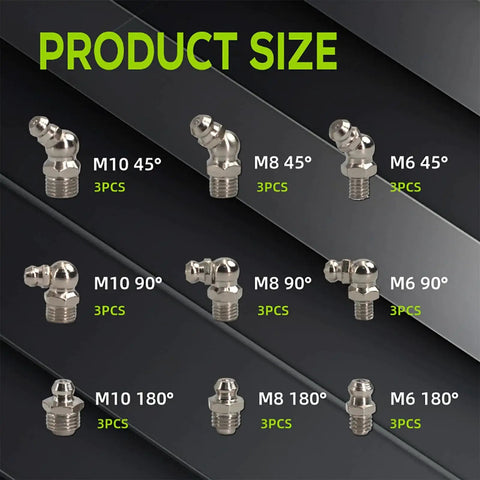 Pro Grade 27 Pcs SAE And Metric Grease Fittings Assortment Kit showing M6, M8, M10 zerks in 45°, 90° and 180° angles, nickel-plated.