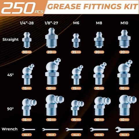 250 Pcs SAE And Metric Grease Fittings Assortment With Wrench Kit for garage and farm equipment, various angles and sizes.