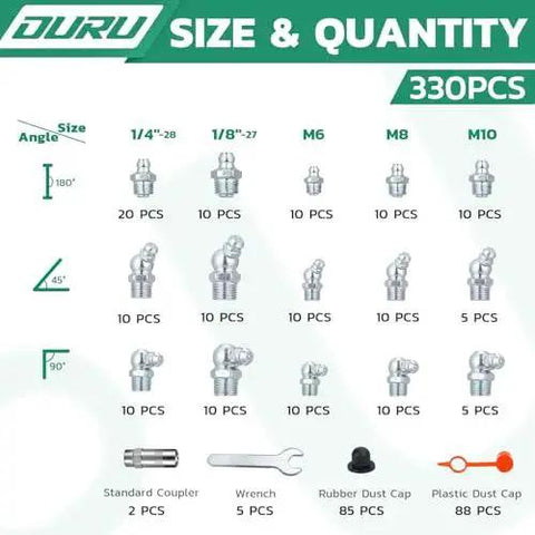 Grease Fittings Kit chart showing 330 PCS SAE and Metric Zerk fittings in straight, 45, and 90-degree angles with sizes and quantities.
