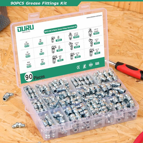 Pro Grade Grease Fittings Set For Grease Gun 90 Piece Assortment in box with SAE and Metric Zerk Fittings