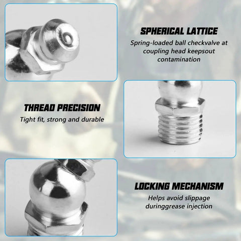 Close-up of 70 Pcs Metric Grease Fittings Assortment Kit Featuring M6 M8 M10 Zerk Fittings with spherical lattice and thread precision.