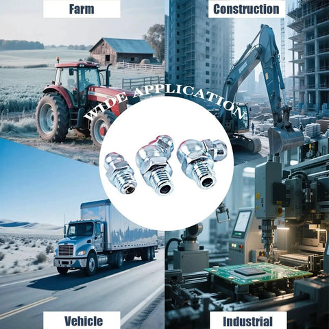Collage of tractor, excavator, truck, and industrial machine with grease fittings, showing All In One Grease Fittings Kit With 405 Pcs SAE and Metric.