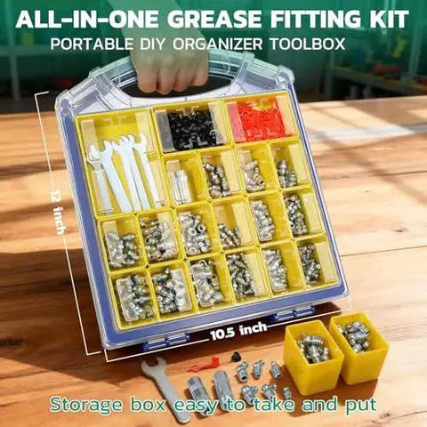 Grease Fittings Kit with DIY Portable Storage Case for 330 PCS SAE and Metric Zerk Fittings, dust caps, and wrench set on wooden table.