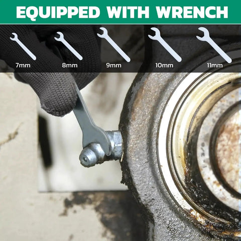 Close-up of 260-Piece Grease Fittings Kit with wrench on zerk fitting for easy lubrication, 7-11mm sizes shown, equipped with wrench.