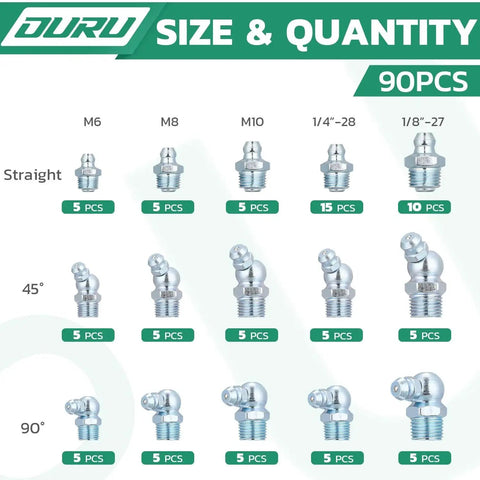 Pro Grade Grease Fittings Set For Grease Gun 90 Piece Assortment With SAE And Metric Zerk Fittings NPT Sizes Chart OURU
