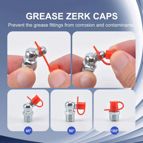 Grease zerk caps from All In One 100 Piece SAE And Metric Grease Fittings Kit with angles of 45, 90, and 180 degrees for automotive use.
