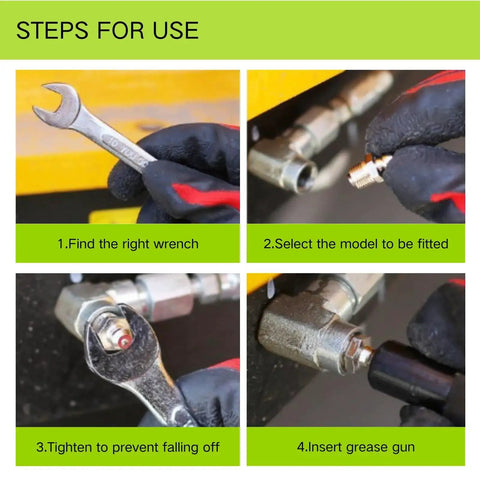 Pro Grade 27 Pcs SAE And Metric Grease Fittings Assortment Kit usage steps with wrench, fittings selection, tightening, and grease gun insertion