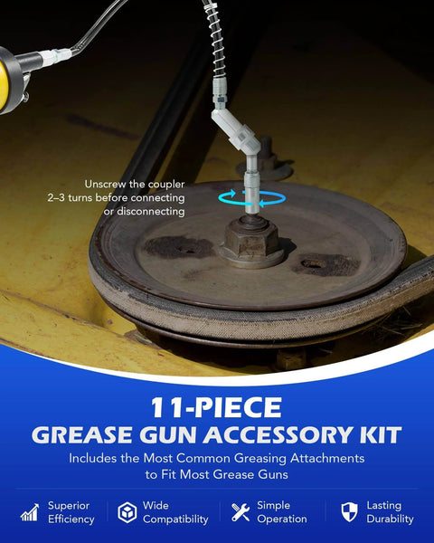 Grease Gun Accessory Kit, 11 Piece Grease Gun Coupler Set for Hard to Reach Grease Fittings in use on machinery.