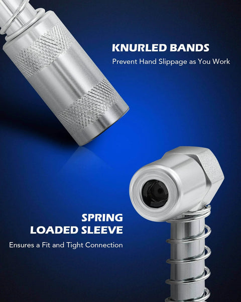 Close-up of knurled bands and spring-loaded sleeve from Grease Gun Accessory Kit, 11 Piece Grease Gun Coupler Set for Hard to Reach Grease Fittings