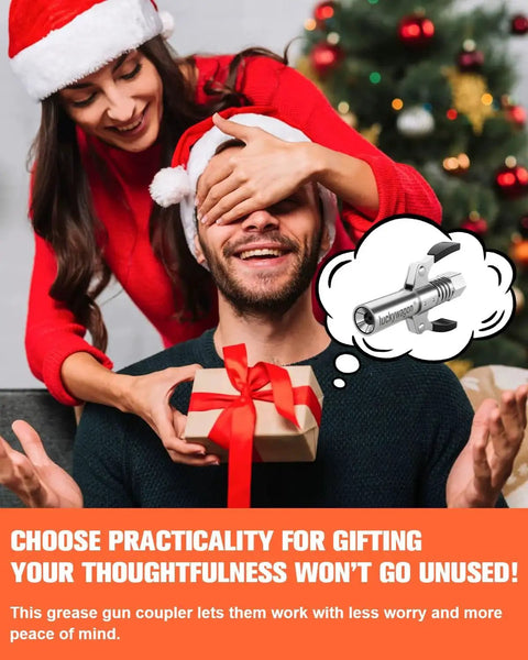 Couple exchanging gifts with Upgraded 6 Jaw Lock On Grease Gun Coupler With Non Slip Double Handle No Wobble Quick Release thought bubble.