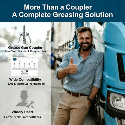 Smiling man giving thumbs up next to truck with All In One Grease Gun Coupler Kit With 60 Grease Fittings For Hands Free Greasing Zerk Fittings