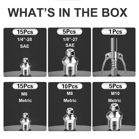 Image showing contents of All In One Grease Gun Coupler Kit with 60 grease fittings, including SAE and metric sizes, as listed in the box.
