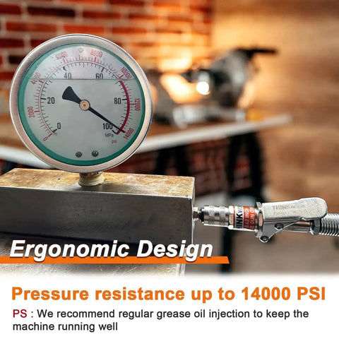 Hands Free Lock On Grease Gun Coupler With Cleaning Tool, 14000 PSI Quick Release, pressure gauge showing 14000 PSI rating