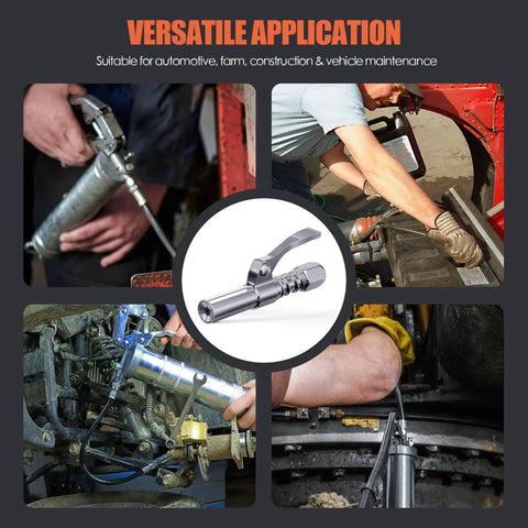 Grease Gun Coupler 2-Pack Quick Release Tips With One-Hand Operation in use on various machinery fitting 1/8 NPT zerk fittings