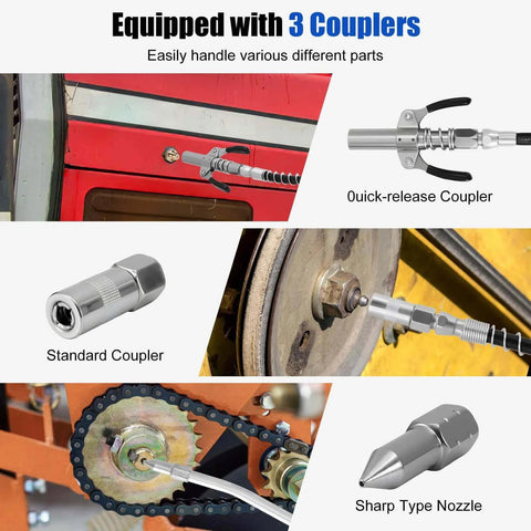 Heavy Duty Grease Gun Kit, 8000 PSI Pistol Grip Grease Gun couplers and nozzles for versatile use on machinery and vehicles