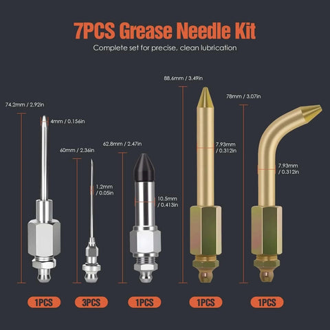 7PCS Grease Needle Kit showing grease needle sizes, grease injector needles, rubber joint fitting, and adapters for bearings and tight spaces.