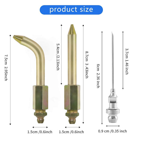 Grease Gun Needle Tip Kit - Bent & Straight Nozzles with size comparison, fits Rubber Boots, Ball Joints & Bushings for tight areas