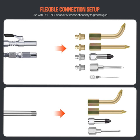 Grease Gun Needle Tip Kit – 7PCS Grease Gun Accessory Set with 3 Grease Injector Needle showing flexible connection setup