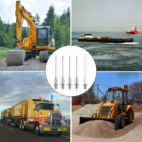 Collage showing 5pcs Grease Injector Needle, Small Bearing Grease Needle Nozzle Portable and Detachable suited for heavy machinery