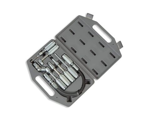 Versatile Grease Lubrication Adapter Kit With 12 Inch Hose And Quick Connect Couplings, Rubber Tip And Needle Nozzles, case open display