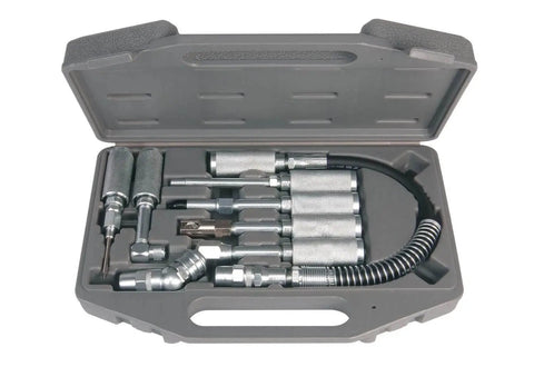 Versatile Grease Lubrication Adapter Kit with 12 inch hose, quick connect couplings, rubber tip, needle nozzles, and couplers in case
