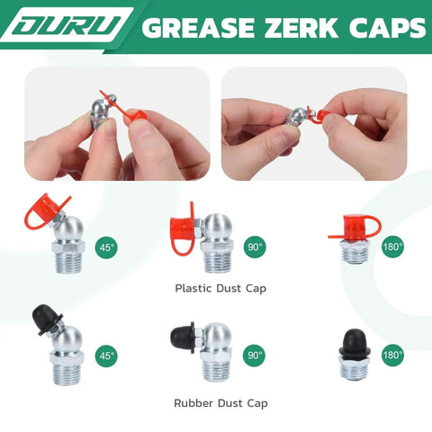 Grease Fittings Kit Fifty Pack One Quarter Inch Twenty Eight SAE Zerk 90 Degree Fittings With Caps And Nine Millimeter Wrench