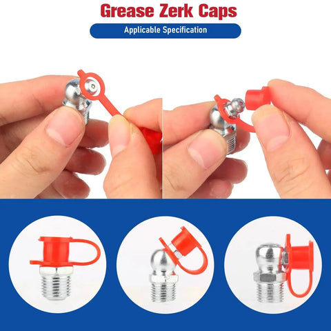 Hands attaching red cap to 135Pcs Grease Fittings Assortment Kit With Metric Zerk Fittings In Straight 45 Degree And 90 Degree Angles