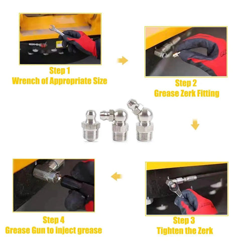 Step-by-step guide using Versatile Pro Grade Grease Fitting Assortment for Industrial and Agricultural Machinery, includes zerk fittings, grease gun.