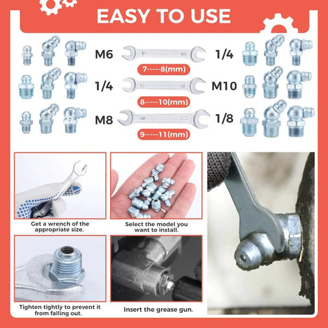 Instructional guide for Grease Zerk Fittings Kit For Auto Techs And Home Mechanics Hapric 112 Pc SAE And Metric Hydraulic Fittings