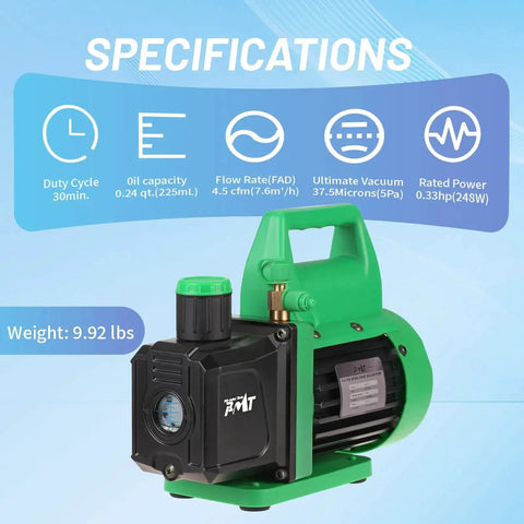 Powerful 110V One Third HP Vacuum Pump With 4.5 CFM Flow For HVAC Service, specifications displayed, green rotary vane air pump