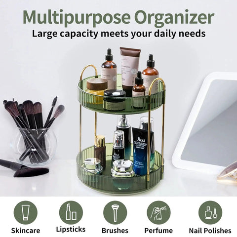360 Degree Rotating Makeup Organizer for Vanity, 2-Tier Large Capacity Skincare and Cosmetic Storage, featuring beauty products