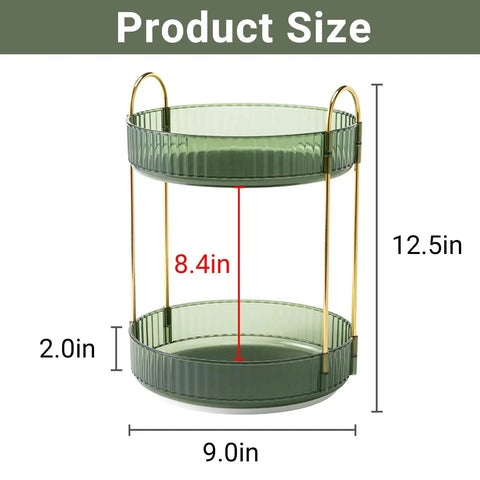 360 Degree Rotating Makeup Organizer for Vanity, green 2-tier design with measurements, ideal for skincare and cosmetic storage