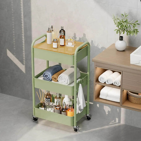Three Tier Rolling Cart With Table Top Heavy Duty Metal Utility Cart With Locking Wheels And Hooks For storage in bathroom