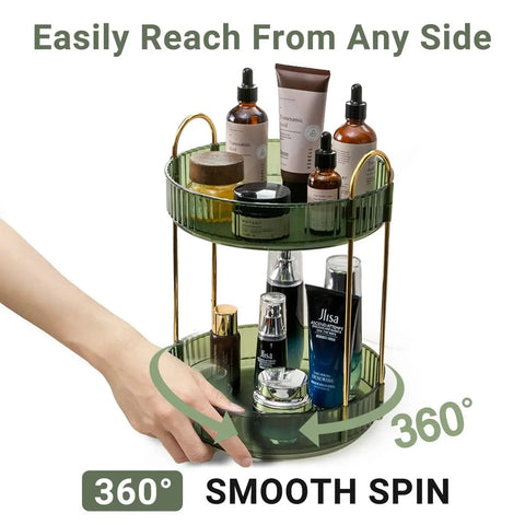 Hand spinning 360 Degree Rotating Makeup Organizer for Vanity, 2-Tier Large Capacity Skincare and Cosmetic Storage, Green