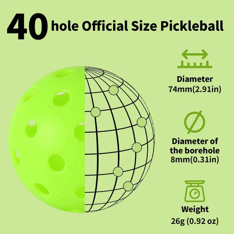 Green 4 pcs Pickleball Balls,40 Holes Indoor Pickleball balls,8mm Precision Drilled-Spaced Pickle ball Set with dimensions and weight.