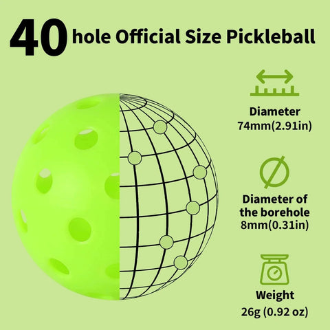 40-hole official size green pickleball, diagram showing 74mm diameter, 8mm hole size, 26g weight for 100pc Pickleball Balls set