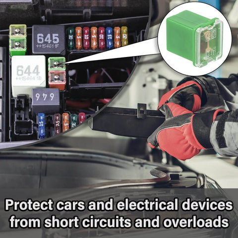 Six Pack 40A Square Auto Fuses for SUVs Cars Trucks Boats installed in fuse box with close-up of green low profile fuse