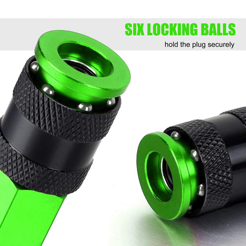 Close-up of the Rugged Aluminum Air Coupler And Plug Kit, 15 Piece Pro Grade Set With Quarter Inch NPT Quick Connect Air Fittings For Industrial Use in green finish, showing six locking balls.