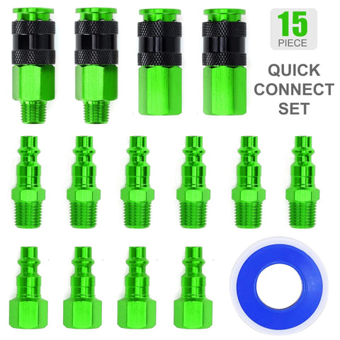 Rugged Aluminum Air Coupler And Plug Kit, 15 Piece Pro Grade Set With Quarter Inch NPT Quick Connect Air Fittings, Green Finish