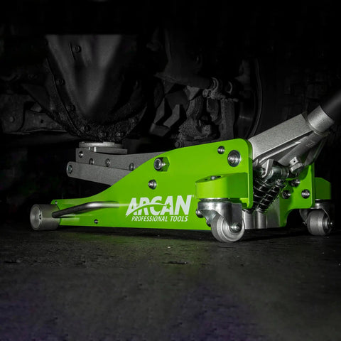 Side view of a 3-Ton Quick Rise Aluminum Floor Jack With Dual Pump Pistons, Reinforced Lift Arm, low profile 3.75 inch start