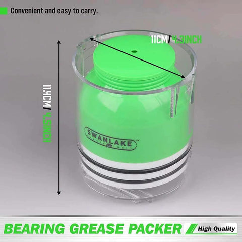 Close-up of Premium Bearing Packer Kit in green, showing dimensions, 11cm height, part of Portable Handy Wheel Bearing Packer Tool.