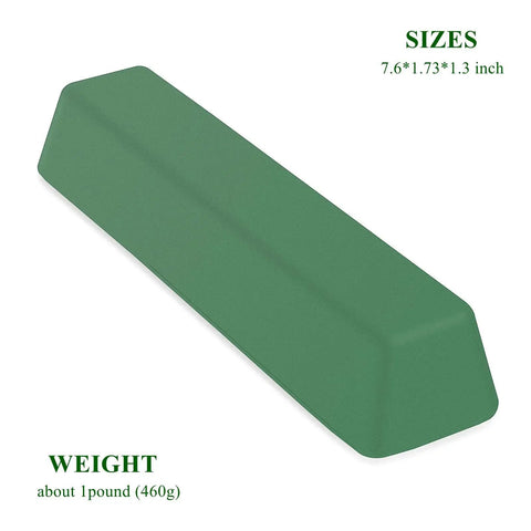 Green buffing compound bar for metal polishing removes scratches and restores a bright, smooth finish on stainless steel, chrome, iron, nickel, aluminum and brass when used on buffing wheels; solid 1 lb abrasive, size 7.6x1.73x1.3 inches